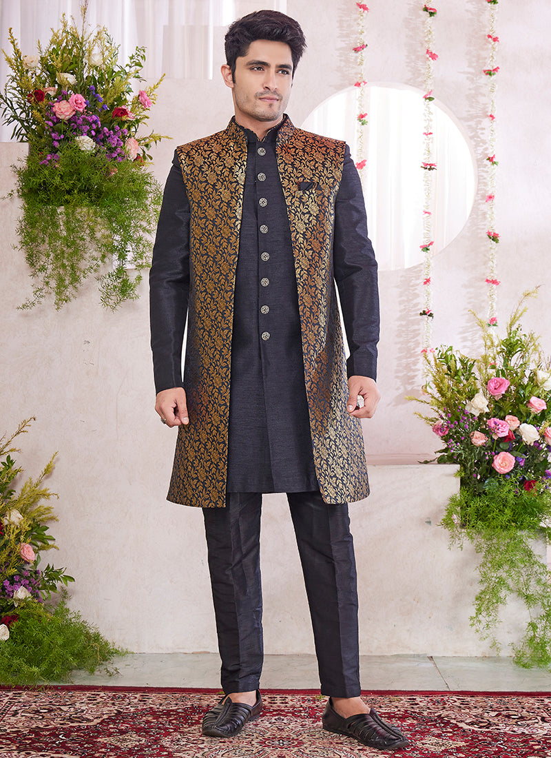 Readymade Art Silk Black Sherwani with Jacket and Pattern PC Work for Party Wear