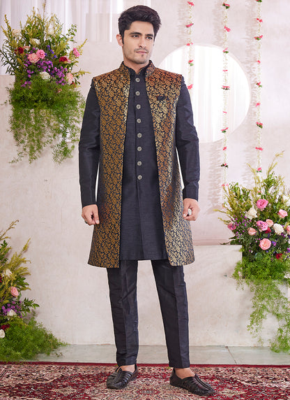 Readymade Art Silk Black Sherwani with Jacket and Pattern PC Work for Party Wear