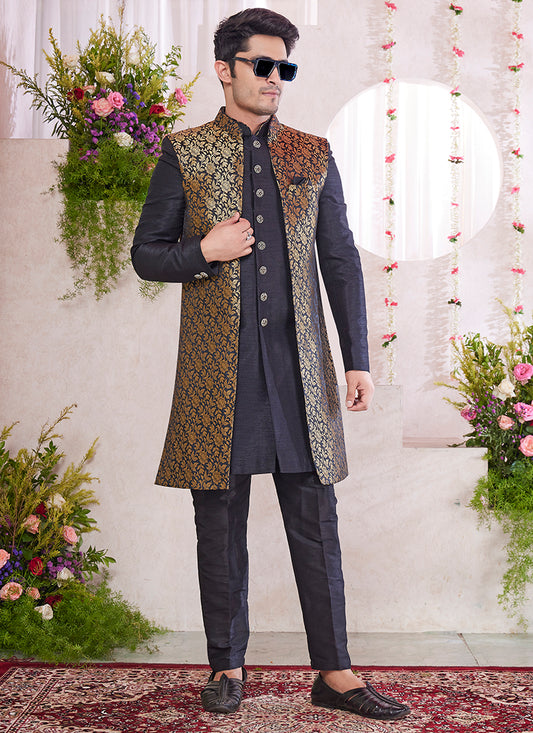 Readymade Art Silk Black Sherwani with Jacket and Pattern PC Work for Party Wear