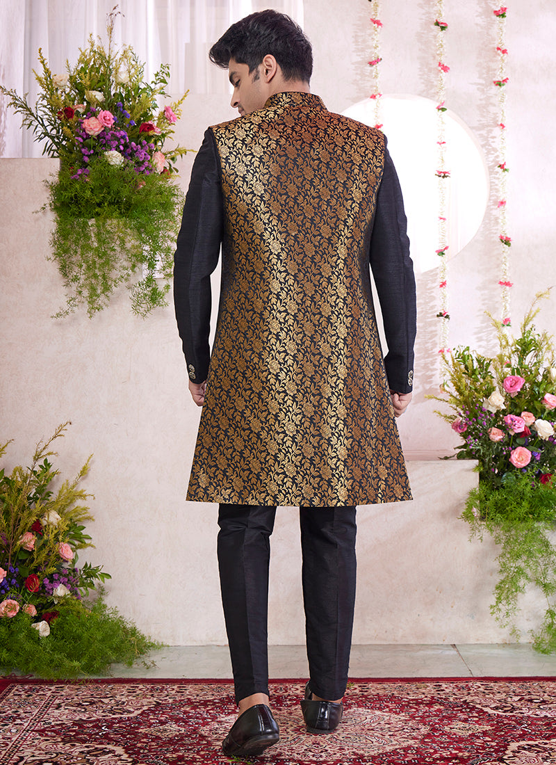 Readymade Art Silk Black Sherwani with Jacket and Pattern PC Work for Party Wear