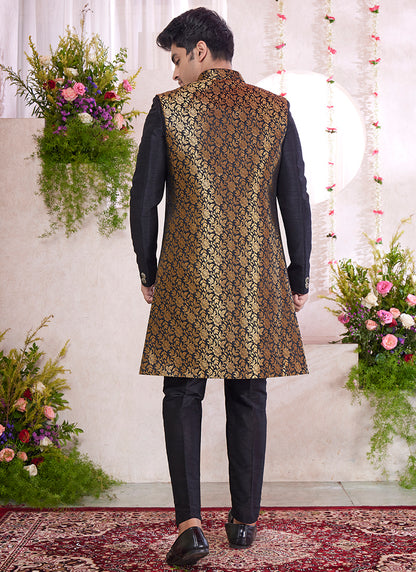 Readymade Art Silk Black Sherwani with Jacket and Pattern PC Work for Party Wear