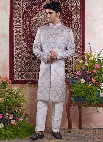 Readymade Banarasi Jacquard Grey Sherwani with Pattern PC Work for Wedding Wear