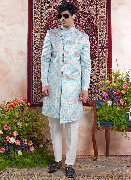 Readymade Banarasi Jacquard Pastel Blue Sherwani with Pattern PC Work for Wedding Wear