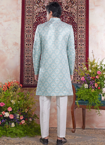 Readymade Banarasi Jacquard Pastel Blue Sherwani with Pattern PC Work for Wedding Wear