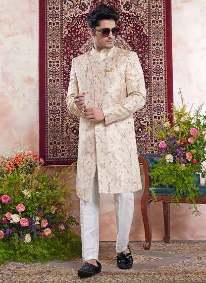 Readymade Banarasi Jacquard Beige Sherwani with Pattern PC Work for Wedding Wear