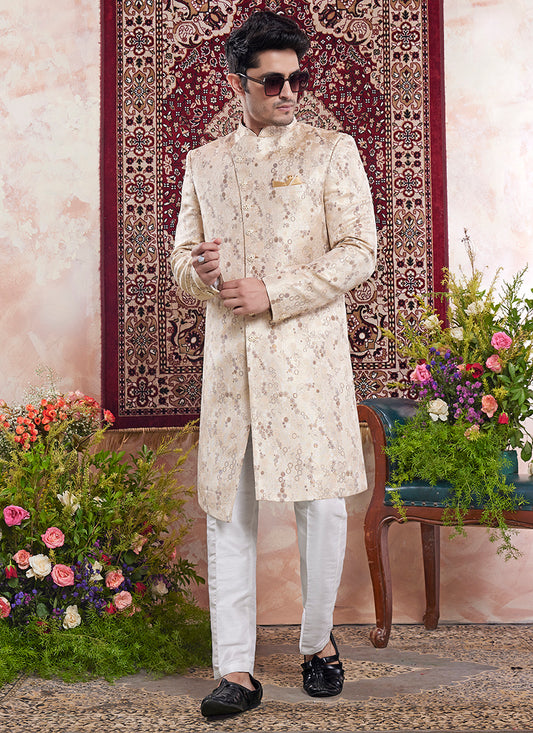 Readymade Banarasi Jacquard Beige Sherwani with Pattern PC Work for Wedding Wear