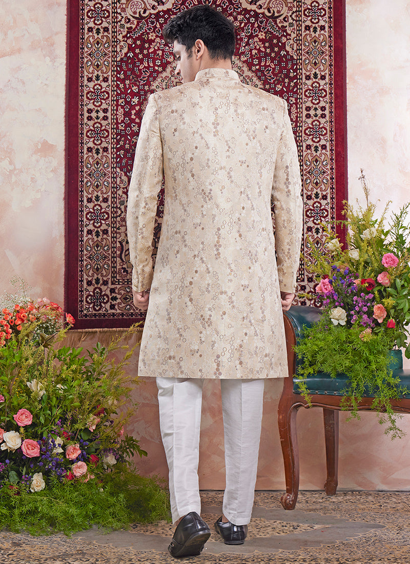 Readymade Banarasi Jacquard Beige Sherwani with Pattern PC Work for Wedding Wear
