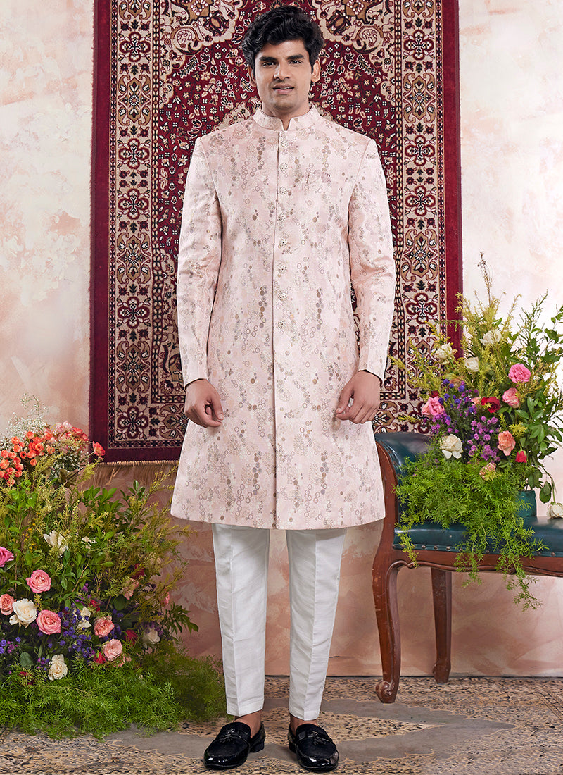 Readymade Banarasi Jacquard Baby Pink Sherwani with Pattern PC Work for Wedding Wear