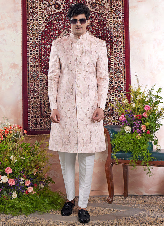 Readymade Banarasi Jacquard Baby Pink Sherwani with Pattern PC Work for Wedding Wear