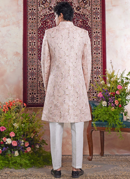 Readymade Banarasi Jacquard Baby Pink Sherwani with Pattern PC Work for Wedding Wear