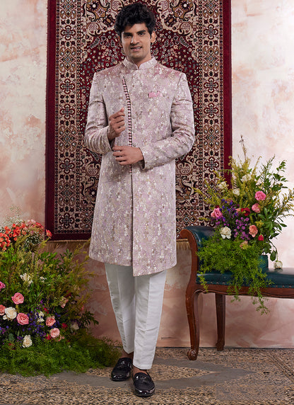 Readymade Banarasi Jacquard Onion Sherwani with Pattern PC Work for Wedding Wear