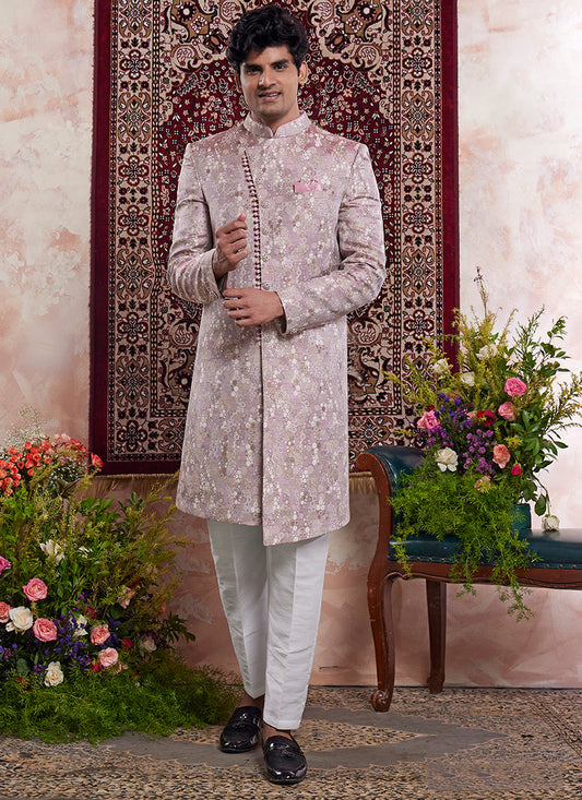 Readymade Banarasi Jacquard Onion Sherwani with Pattern PC Work for Wedding Wear