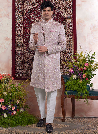 Readymade Banarasi Jacquard Onion Sherwani with Pattern PC Work for Wedding Wear