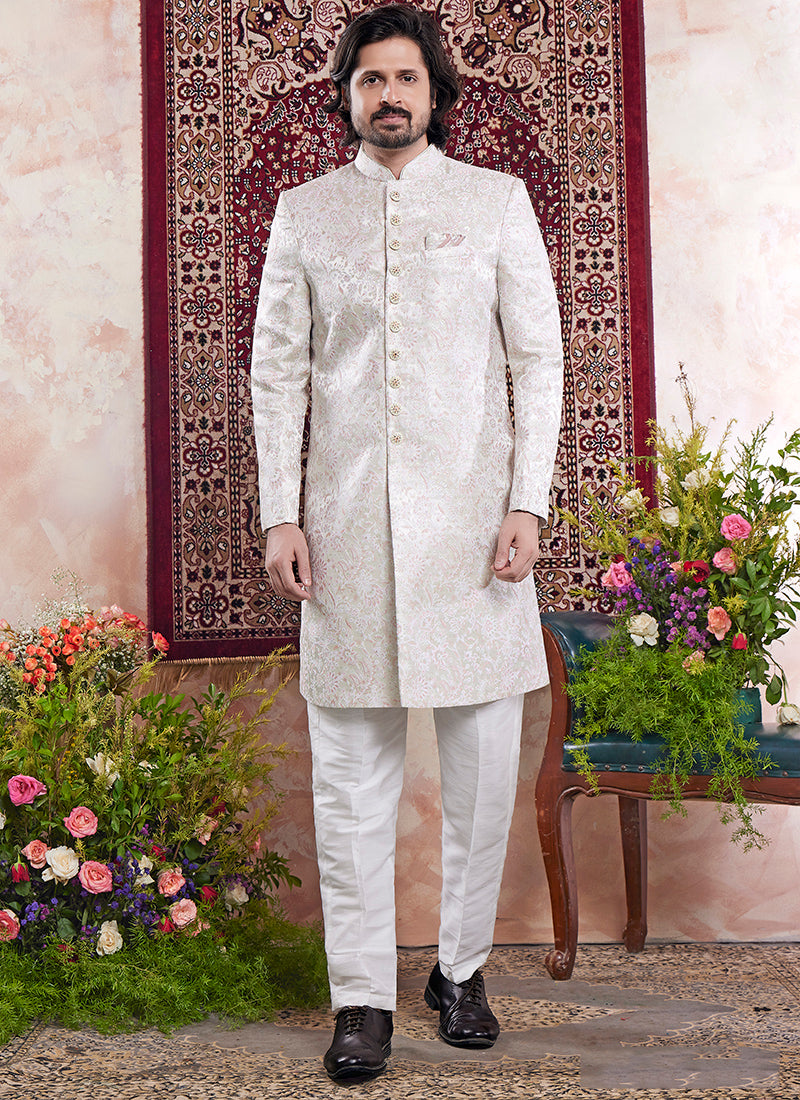 Readymade Banarasi Jacquard Off White Sherwani with Pattern PC Work for Wedding Wear