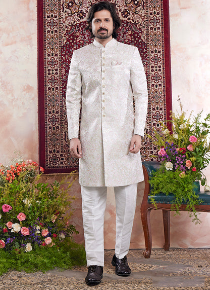 Readymade Banarasi Jacquard Off White Sherwani with Pattern PC Work for Wedding Wear