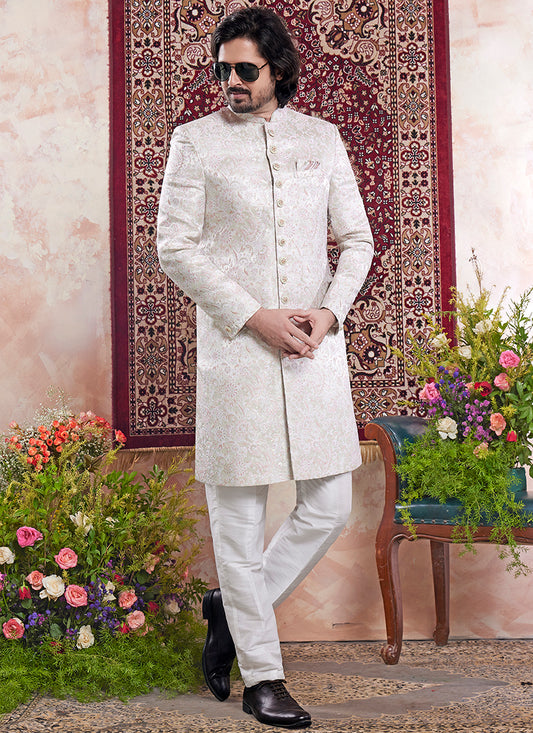 Readymade Banarasi Jacquard Off White Sherwani with Pattern PC Work for Wedding Wear