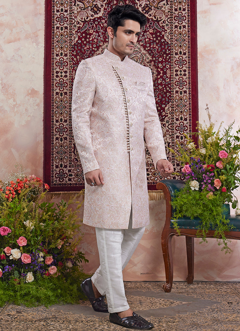 Readymade Banarasi Jacquard Light Pink Sherwani with Pattern PC Work for Wedding Wear