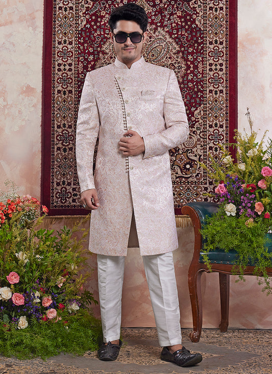 Readymade Banarasi Jacquard Light Pink Sherwani with Pattern PC Work for Wedding Wear