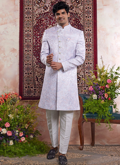 Readymade Banarasi Jacquard Lavender Sherwani with Pattern PC Work for Wedding Wear