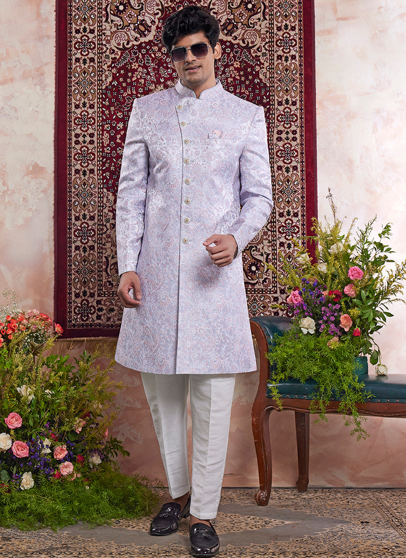 Readymade Banarasi Jacquard Lavender Sherwani with Pattern PC Work for Wedding Wear