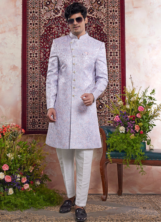 Readymade Banarasi Jacquard Lavender Sherwani with Pattern PC Work for Wedding Wear