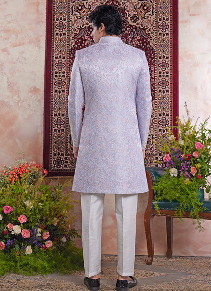 Readymade Banarasi Jacquard Lavender Sherwani with Pattern PC Work for Wedding Wear