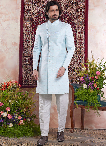 Readymade Banarasi Jacquard Sky Blue Sherwani with Pattern PC Work for Wedding Wear