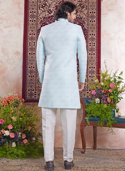Readymade Banarasi Jacquard Sky Blue Sherwani with Pattern PC Work for Wedding Wear