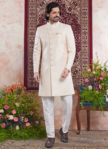 Readymade Banarasi Jacquard Cream Sherwani with Pattern PC Work for Wedding Wear