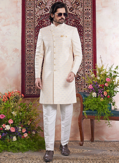 Readymade Banarasi Jacquard Cream Sherwani with Pattern PC Work for Wedding Wear