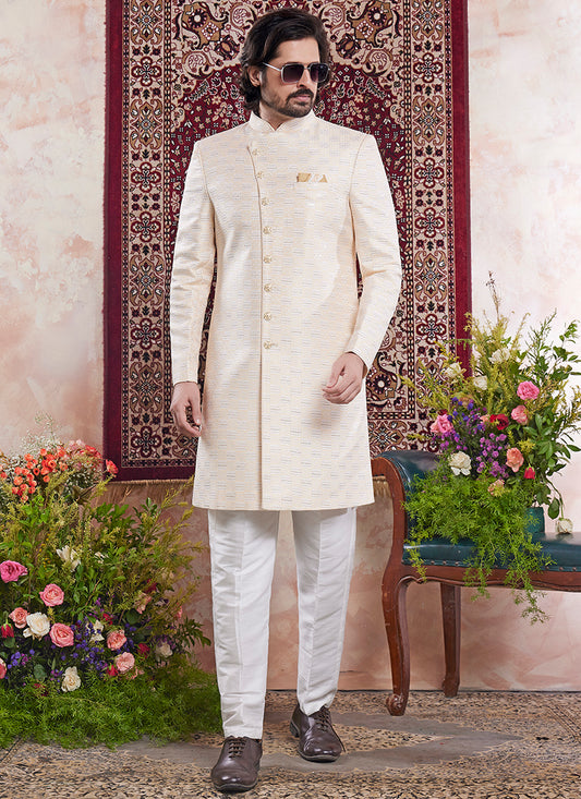 Readymade Banarasi Jacquard Cream Sherwani with Pattern PC Work for Wedding Wear