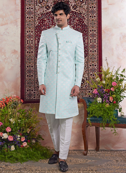 Readymade Banarasi Jacquard Mint Green Sherwani with Pattern PC Work for Wedding Wear