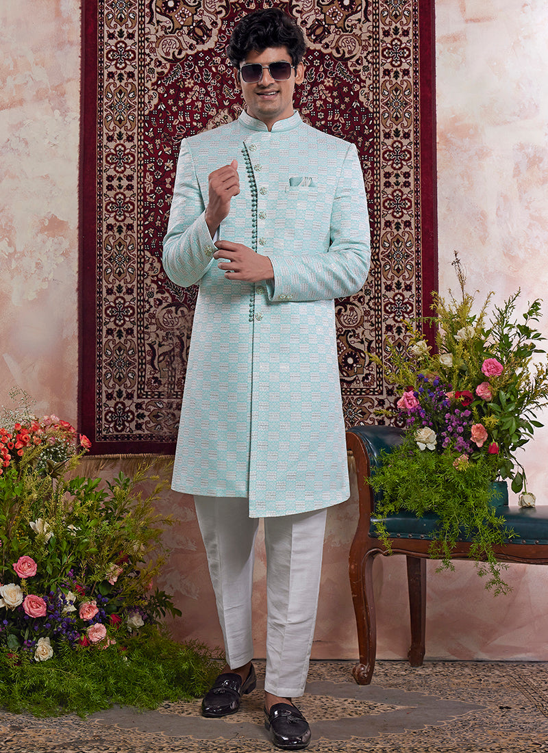 Readymade Banarasi Jacquard Mint Green Sherwani with Pattern PC Work for Wedding Wear