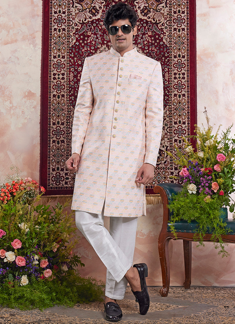 Readymade Banarasi Jacquard Peach Sherwani with Pattern PC Work for Wedding Wear