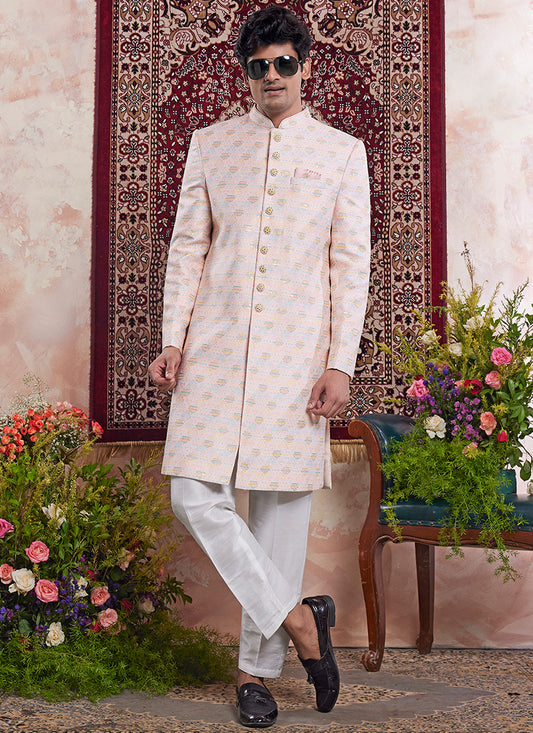 Readymade Banarasi Jacquard Peach Sherwani with Pattern PC Work for Wedding Wear