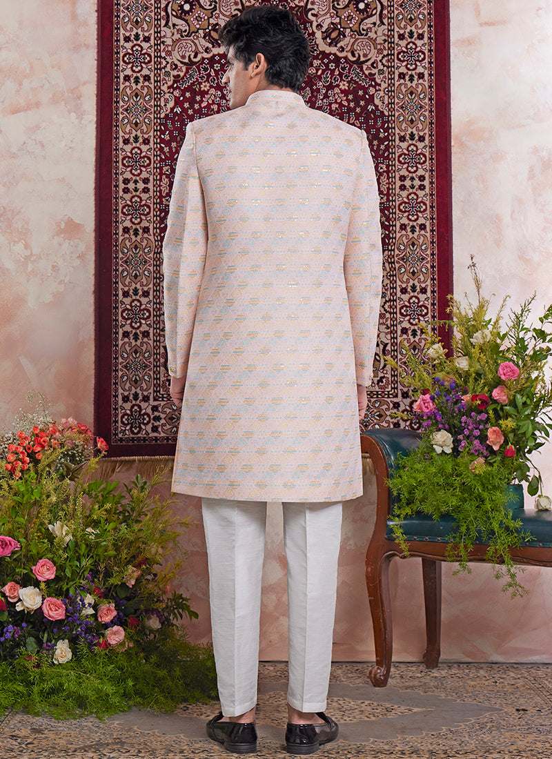 Readymade Banarasi Jacquard Peach Sherwani with Pattern PC Work for Wedding Wear