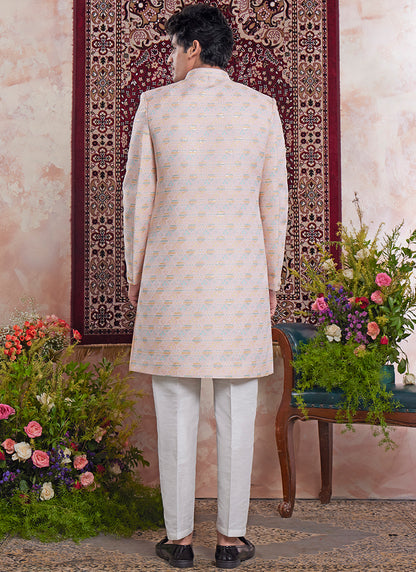 Readymade Banarasi Jacquard Peach Sherwani with Pattern PC Work for Wedding Wear