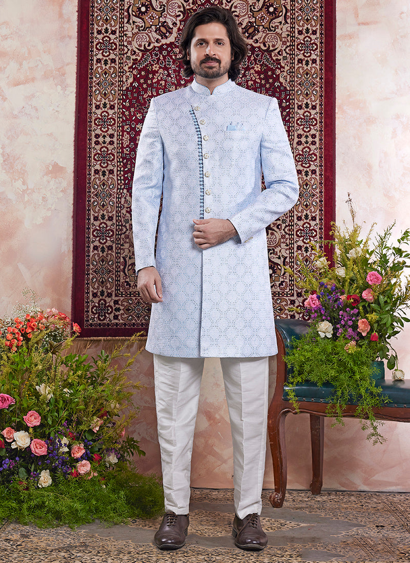 Readymade Banarasi Jacquard Light Blue Sherwani with Pattern PC Work for Wedding Wear