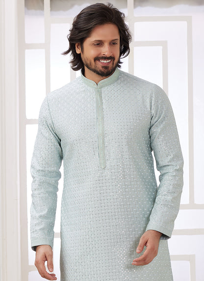Art Silk Soft Green Festival Wear Thread Work Readymade Kurta Pajama