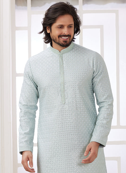 Art Silk Soft Green Festival Wear Thread Work Readymade Kurta Pajama