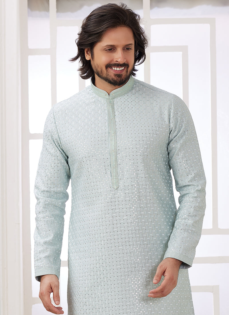 Art Silk Soft Green Festival Wear Thread Work Readymade Kurta Pajama