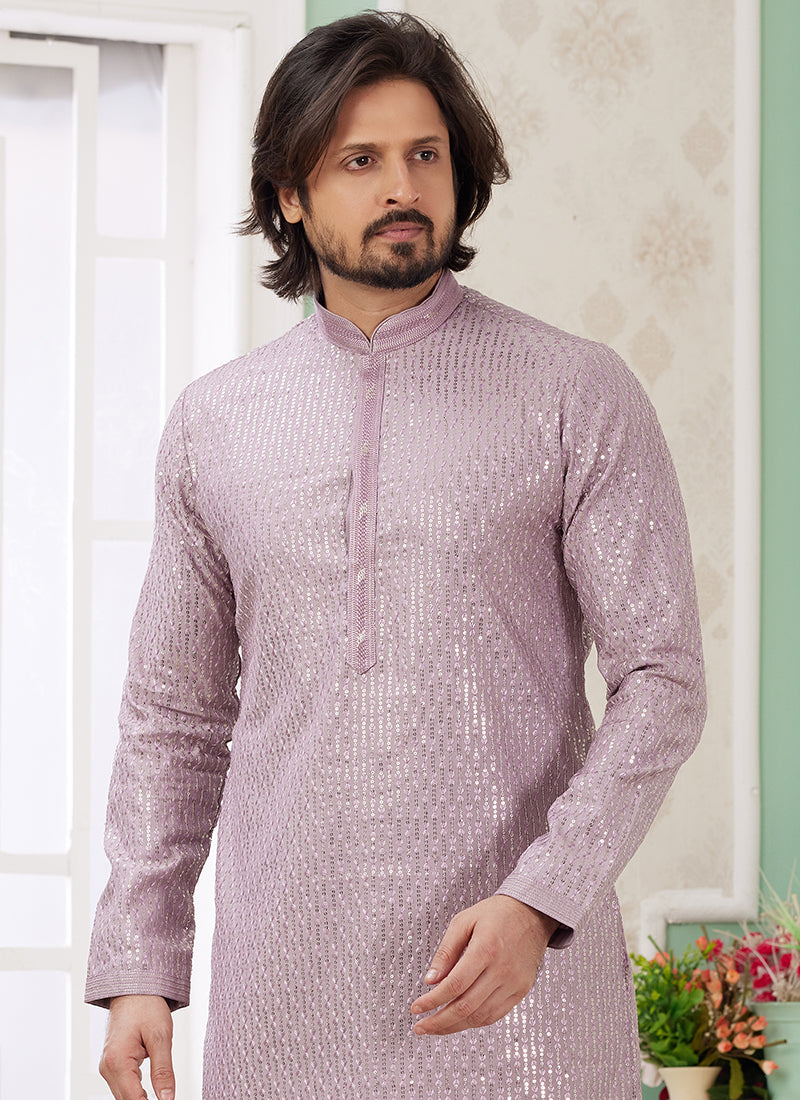 Art Silk Pastel Lilac Party Wear Thread Work Readymade Kurta Pajama