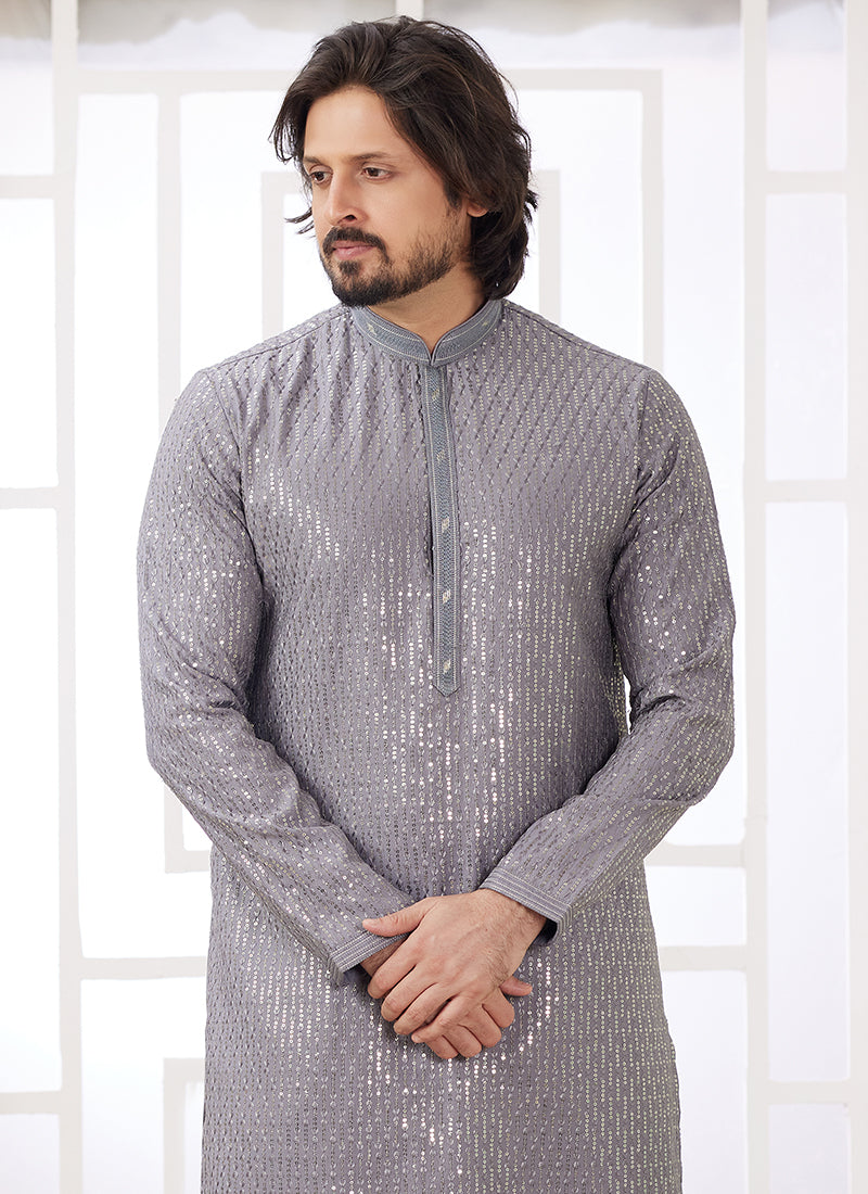 Art Silk Silver Grey Ethnic Wear Thread Detailing Readymade Kurta Pajama
