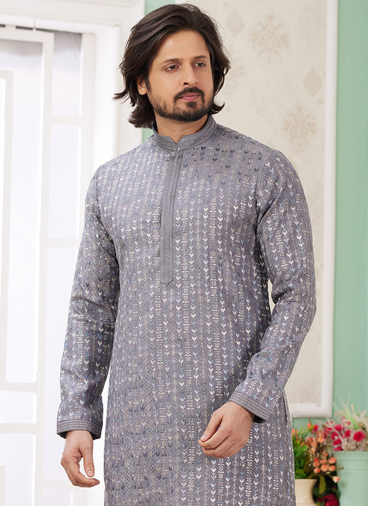 Art Silk Charcoal Grey Party Wear Thread Work Readymade Kurta Pajama