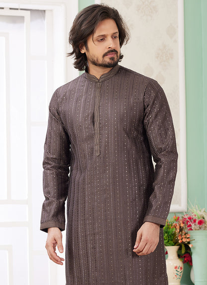 Art Silk Coffee Brown Festive Wear Thread Embroidery Readymade Kurta Pajama