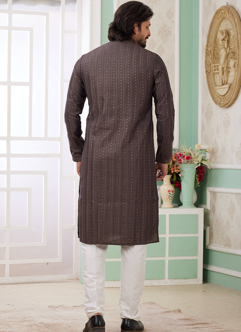 Art Silk Coffee Brown Festive Wear Thread Embroidery Readymade Kurta Pajama