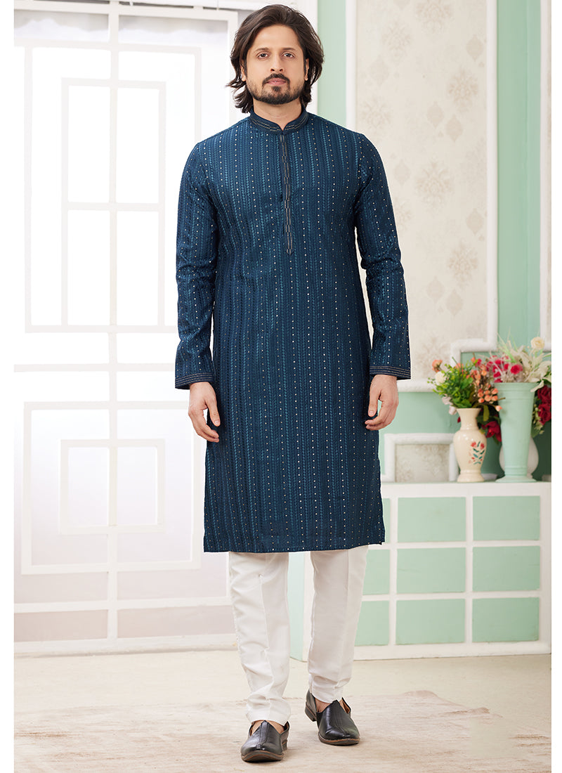 Art Silk Aqua Green Festive Wear Thread Embroidery Readymade Kurta Pajama