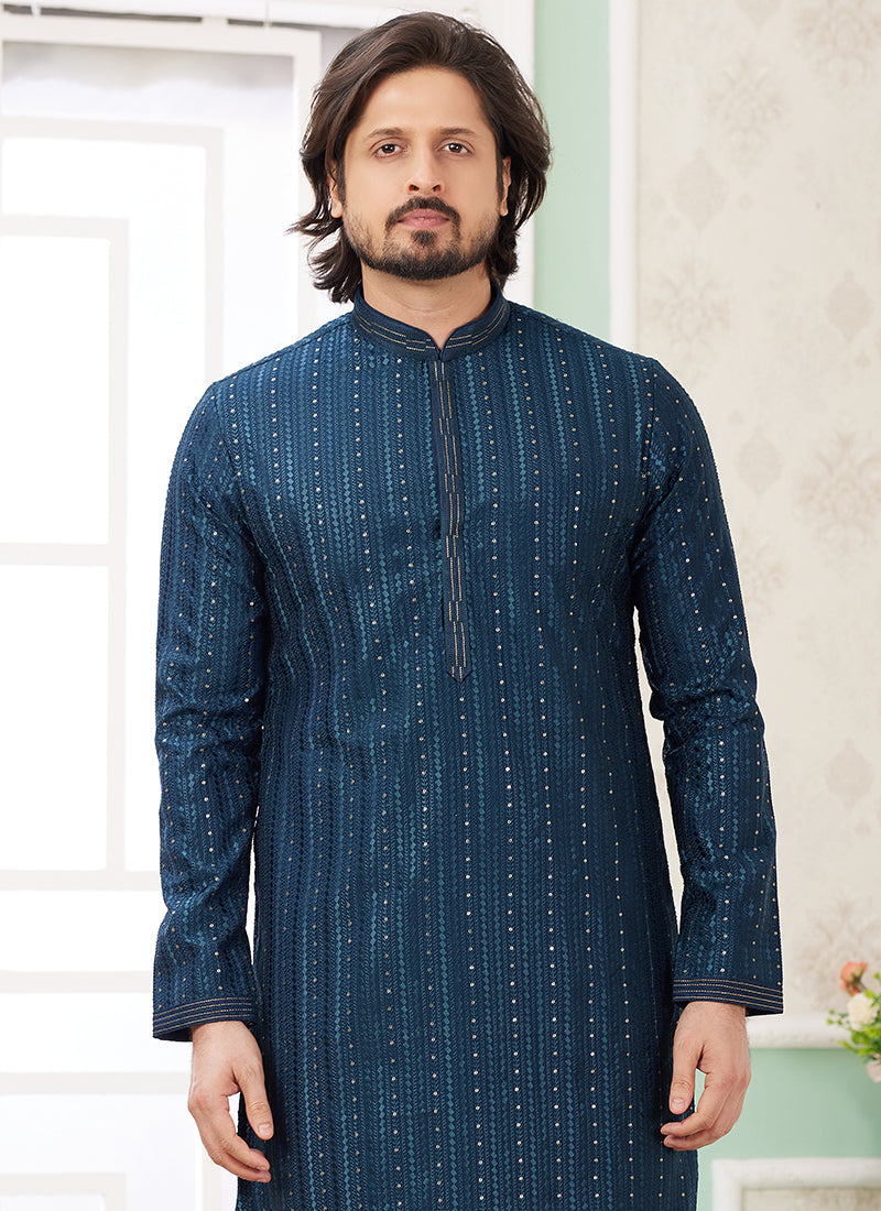 Art Silk Aqua Green Festive Wear Thread Embroidery Readymade Kurta Pajama