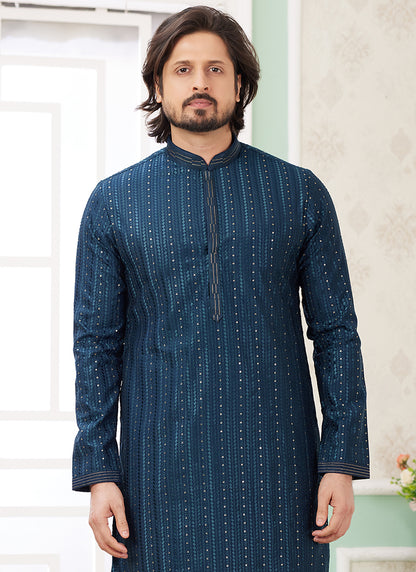 Art Silk Aqua Green Festive Wear Thread Embroidery Readymade Kurta Pajama