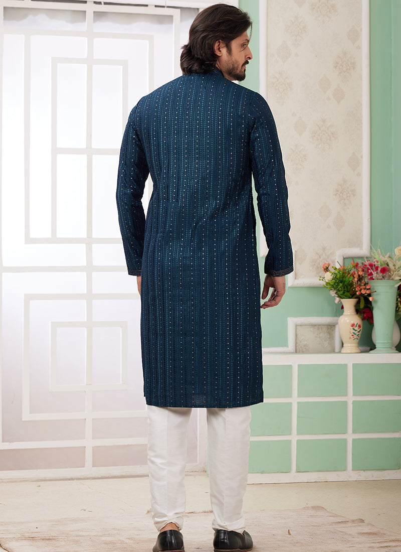 Art Silk Aqua Green Festive Wear Thread Embroidery Readymade Kurta Pajama